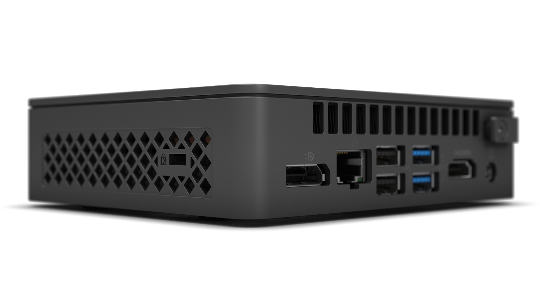 Ein schwarzer Mini-Computer mit mehreren Anschlüssen auf der Rückseite, darunter USB und HDMI, vor weißem Hintergrund.