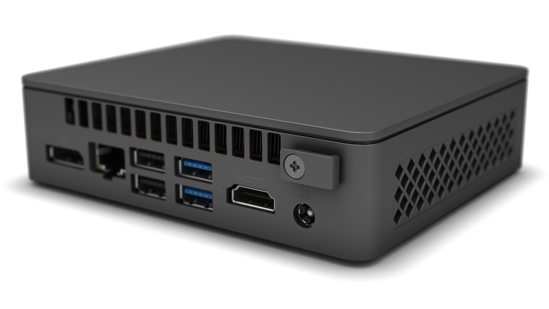 Ein dunkelgrauer Computerserver mit verschiedenen sichtbaren Anschlüssen.