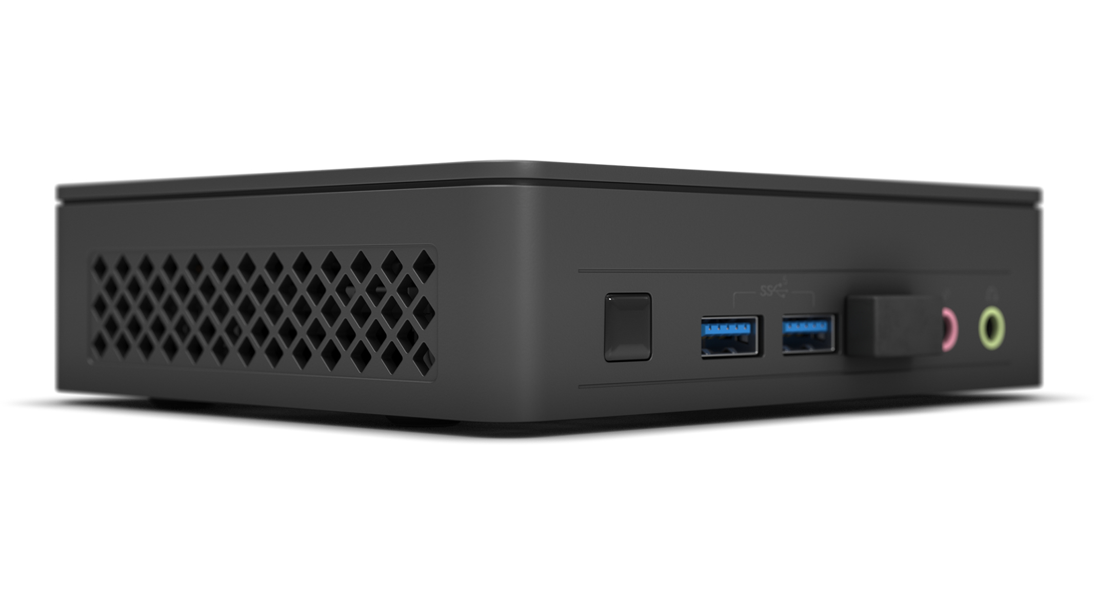 Schwarzer Mini-PC auf weißer Oberfläche. Mit Anschlüssen und Lüftungsschlitzen, Seitenansicht.