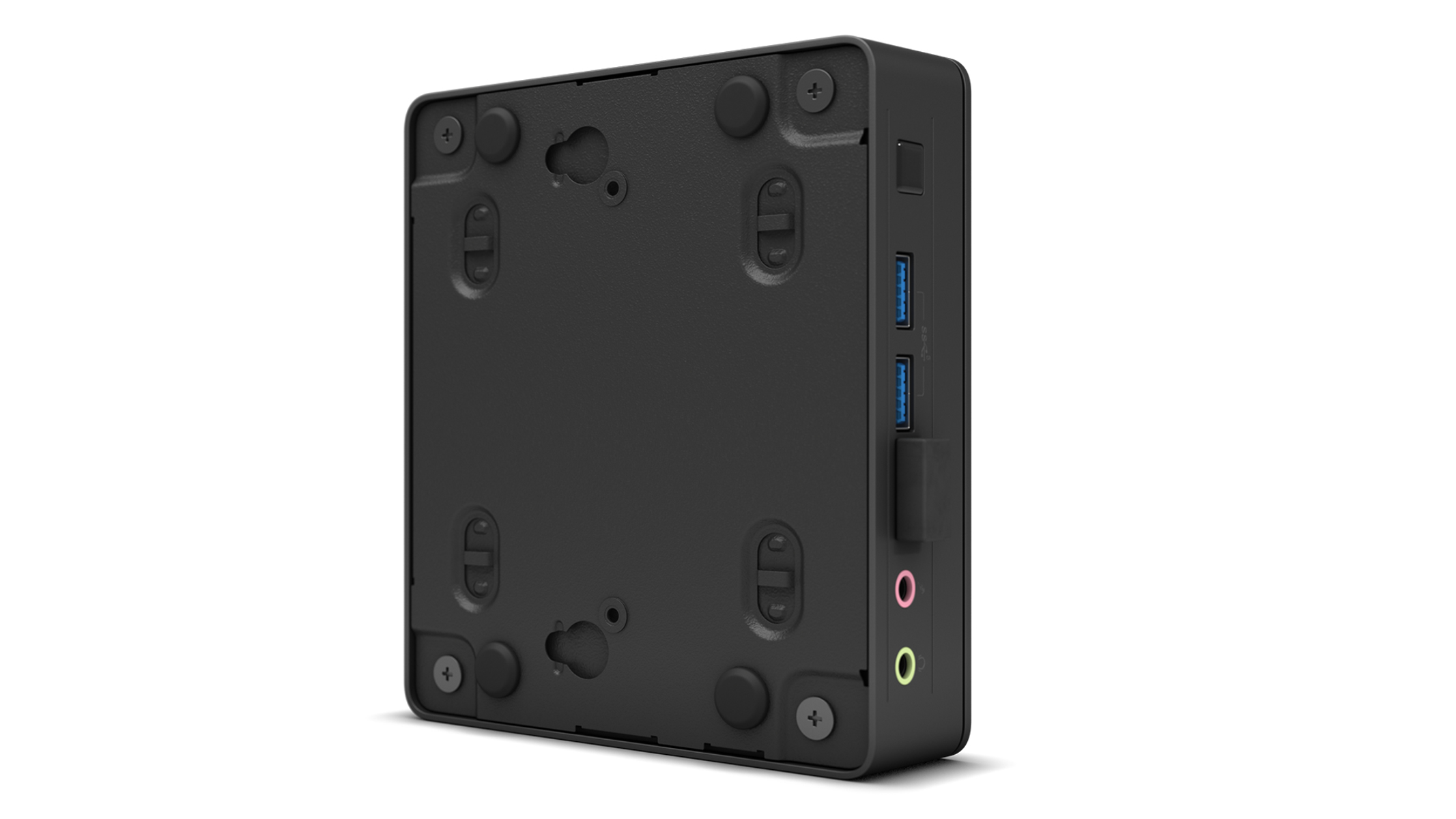 Schwarzer Mini-PC, Unteransicht. Merkmale sind Schrauben, Anschlüsse und ein kleiner Formfaktor.
