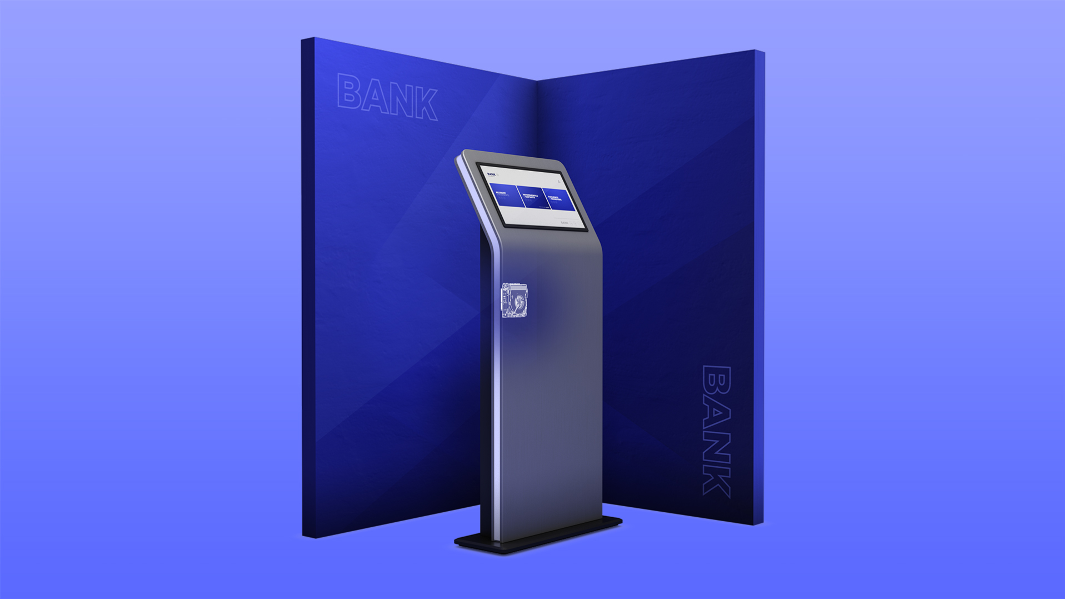 Ein blauer Bank-ATM mit Bildschirm. Der Hintergrund hat zwei blaue Tafeln mit 'BANK'.