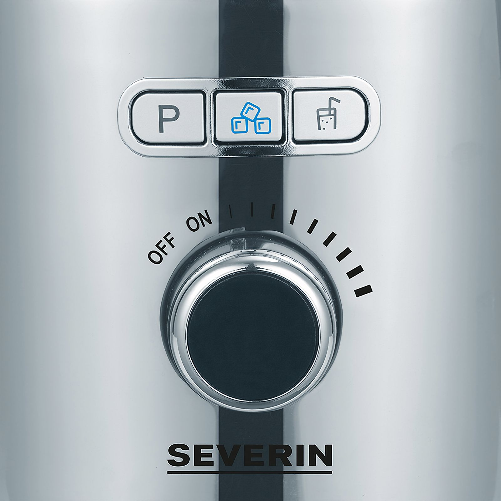 Close-up of a silver blender with buttons for ice, smoothie, and power.