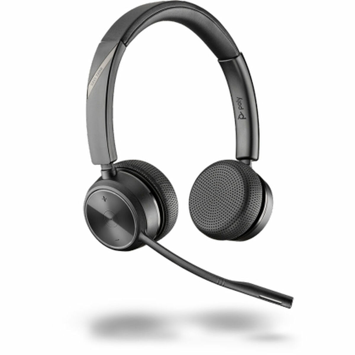 Casque sans fil noir avec écouteurs, microphone et bandeau. Sur fond blanc.