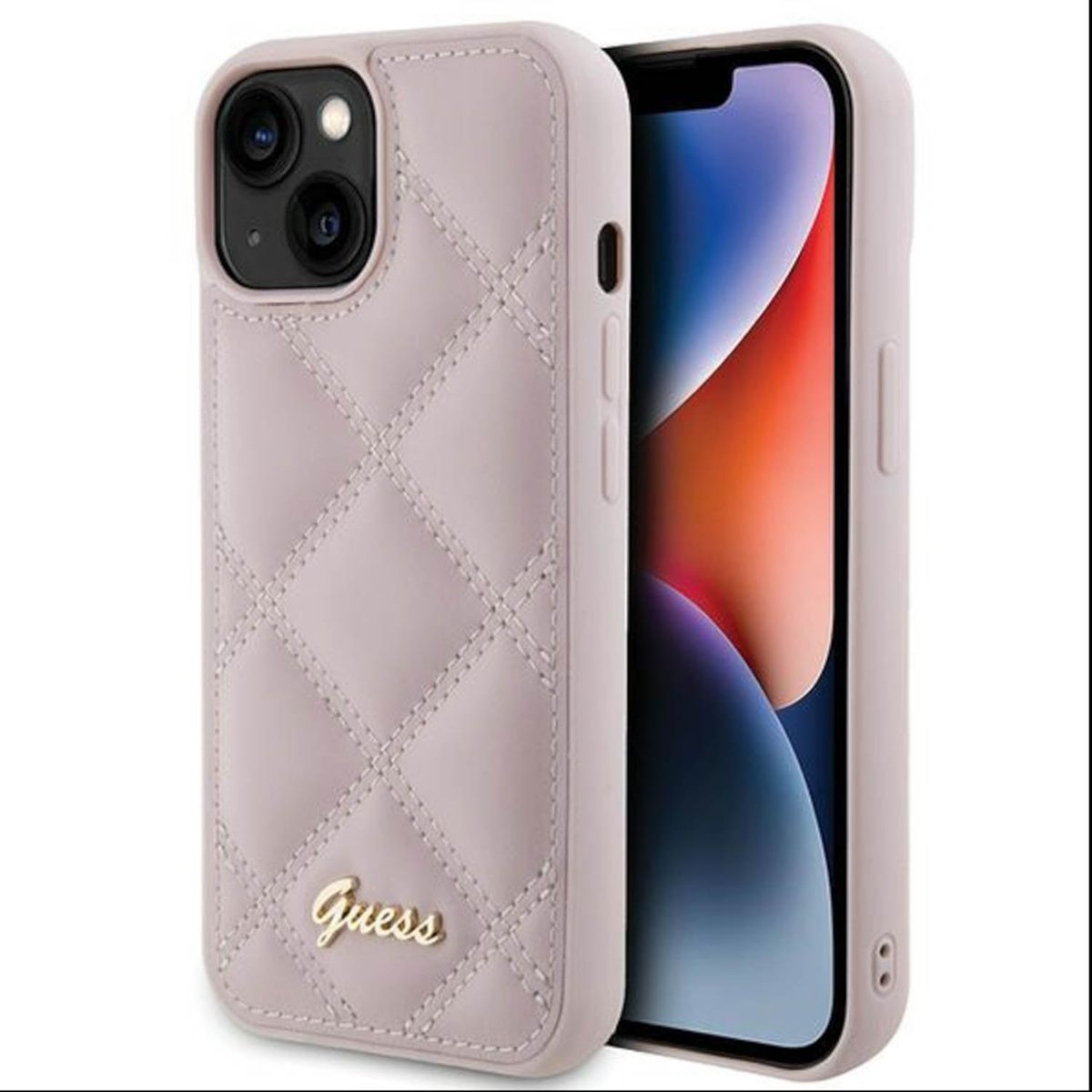 Rosafarbene, gesteppte Handyhülle mit Telefon. Das Telefon hat einen durchsichtigen Bildschirm. Gold Guess.