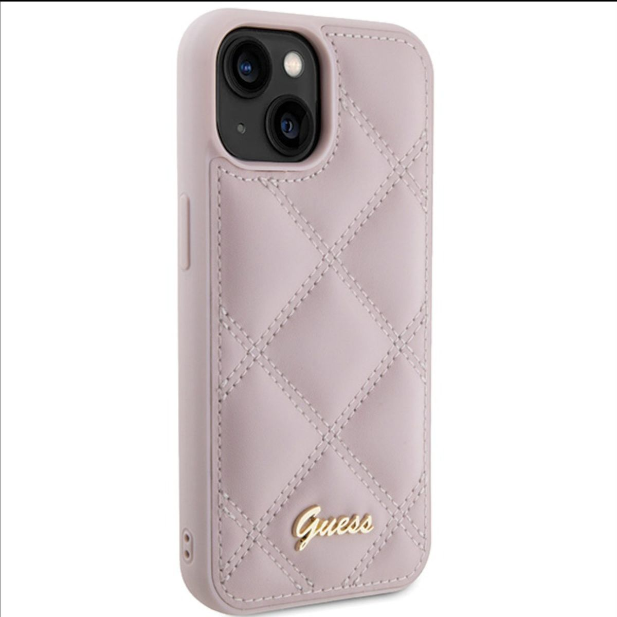 Rosa Handyhülle. Steppmuster mit goldenem Guess-Logo. Ein Telefon befindet sich im Inneren.