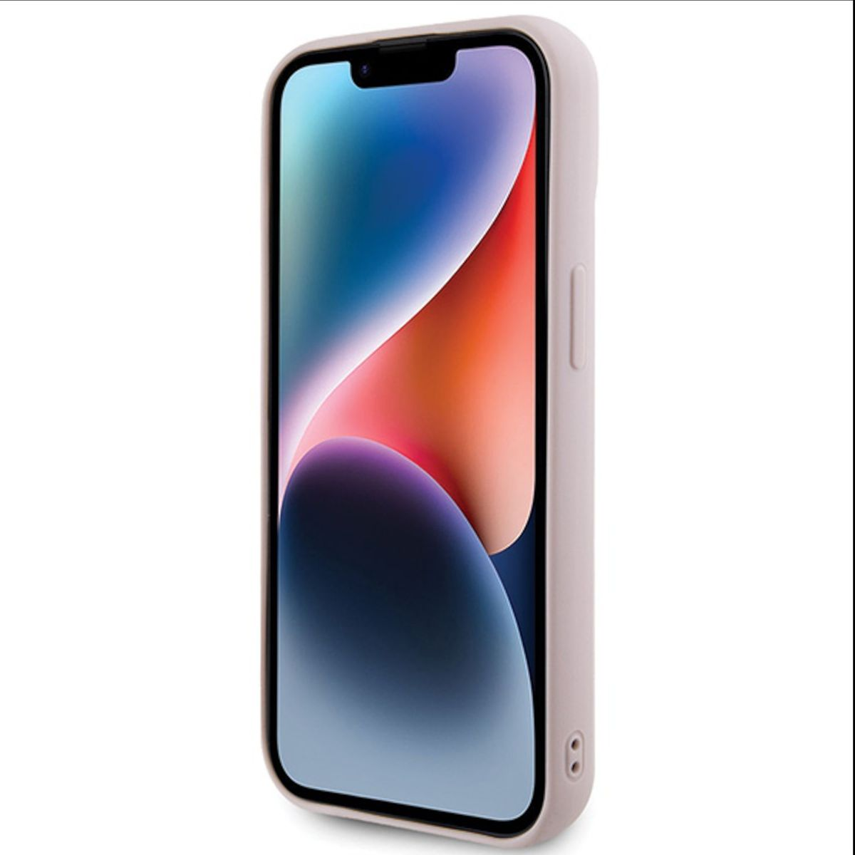 Ein Smartphone in einem rosa Gehäuse mit einem Display, das einen lebendigen Farbverlauf zeigt.