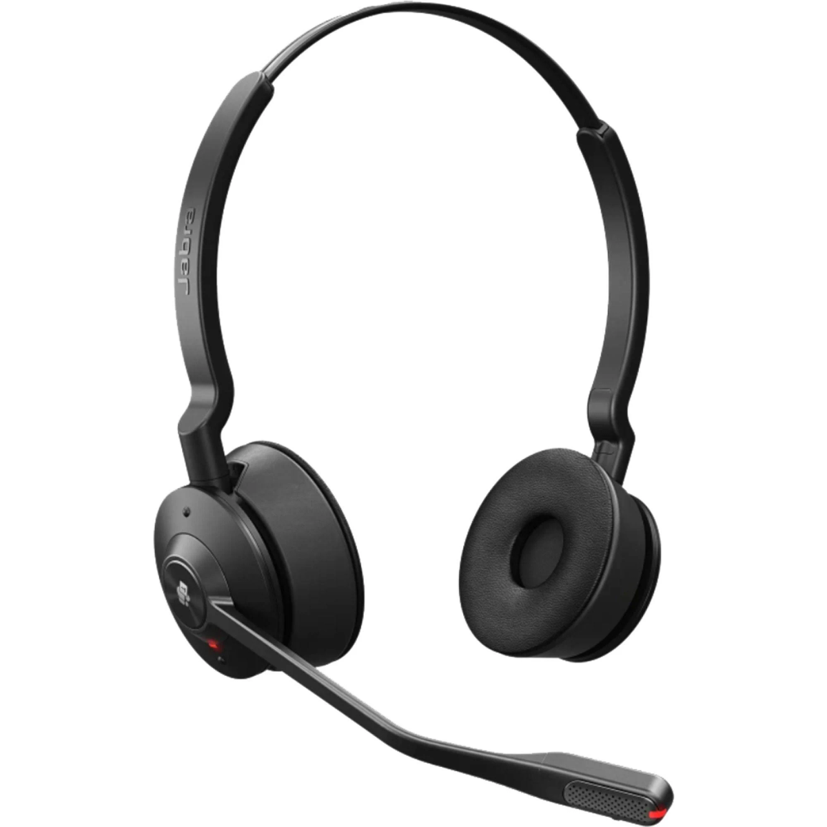 Una cuffia nera con microfono e due auricolari. È un prodotto del marchio Jabra.