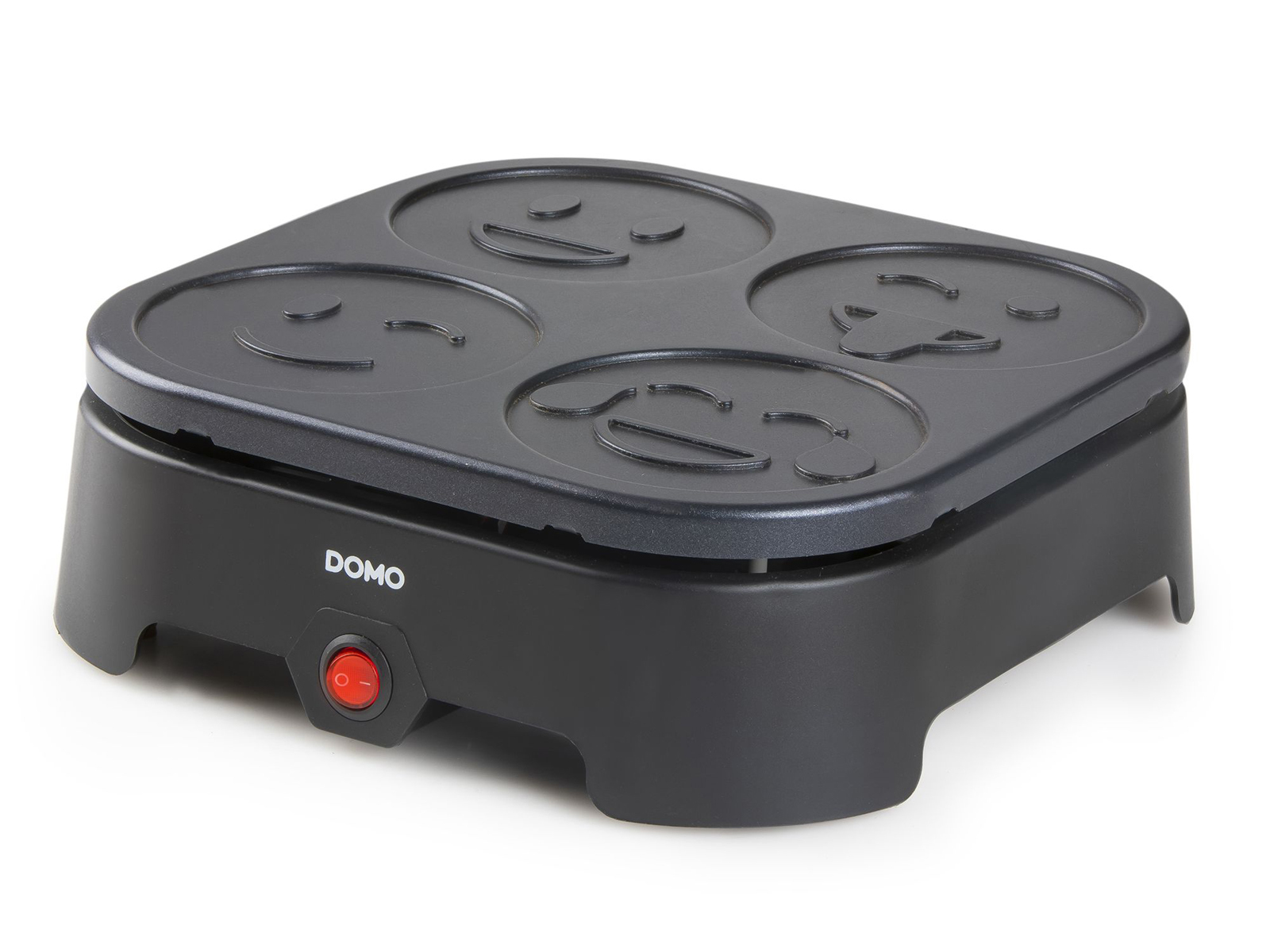 Czarny ekspres do naleśników ze uśmiechniętymi buźkami i czerwonym przyciskiem.