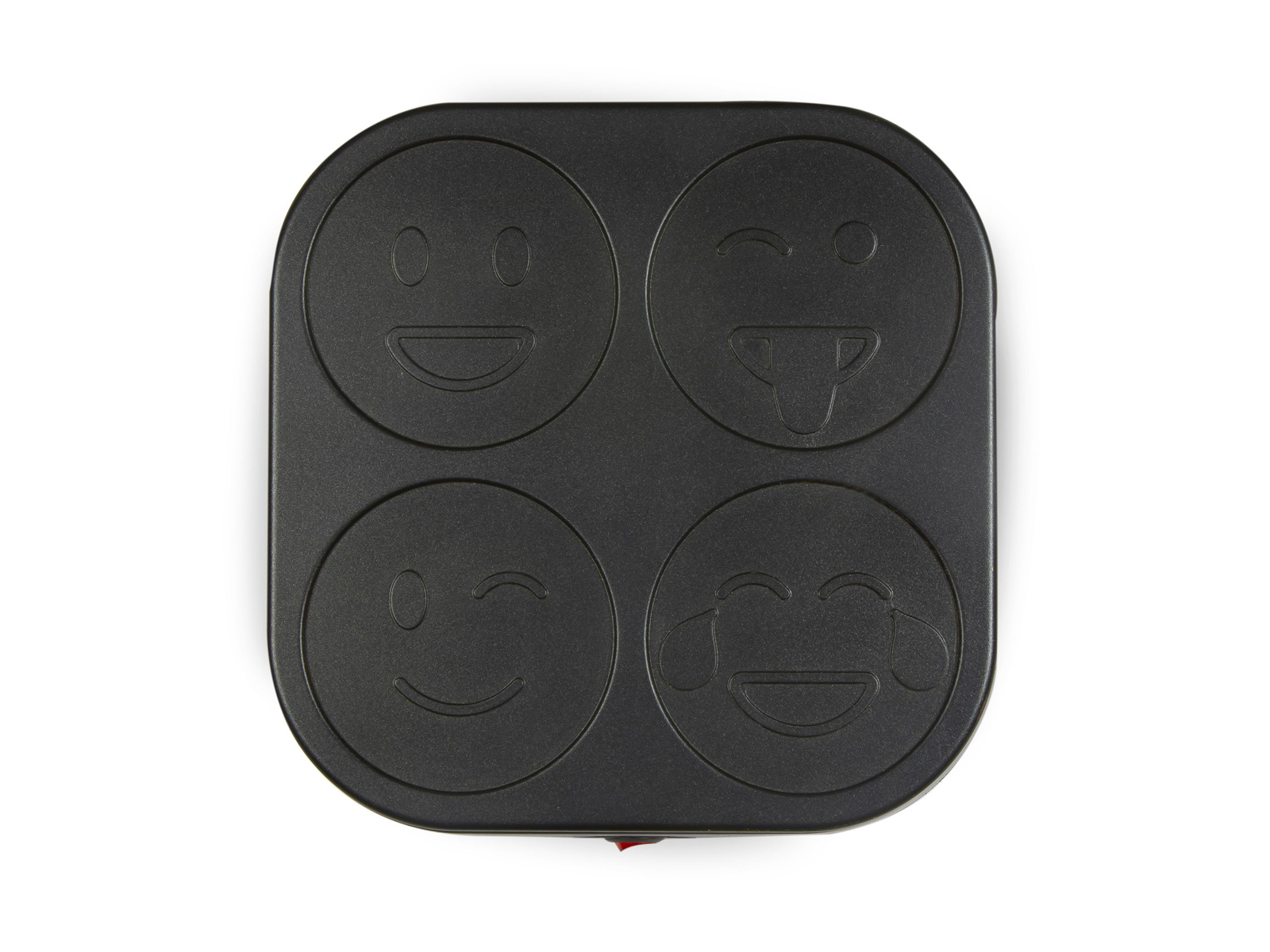 Patelnia do naleśników z czterema sekcjami. Każda sekcja z inną buzią emoji. Czarna, nieprzywierająca powierzchnia.