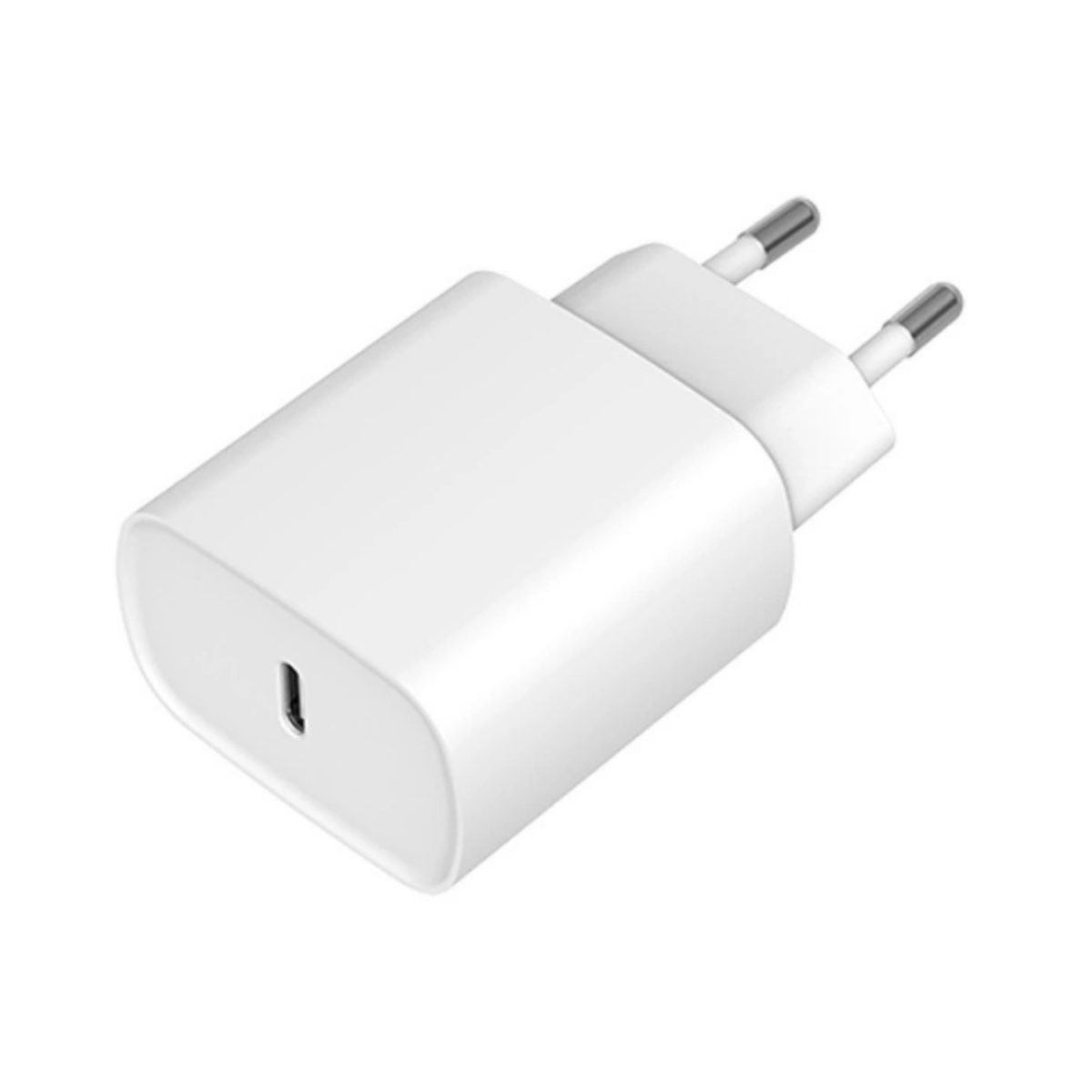 Weißes Telefonladegerät mit zwei Stiften. Einzelner USB-C-Anschluss. Sauberer, weißer Hintergrund.