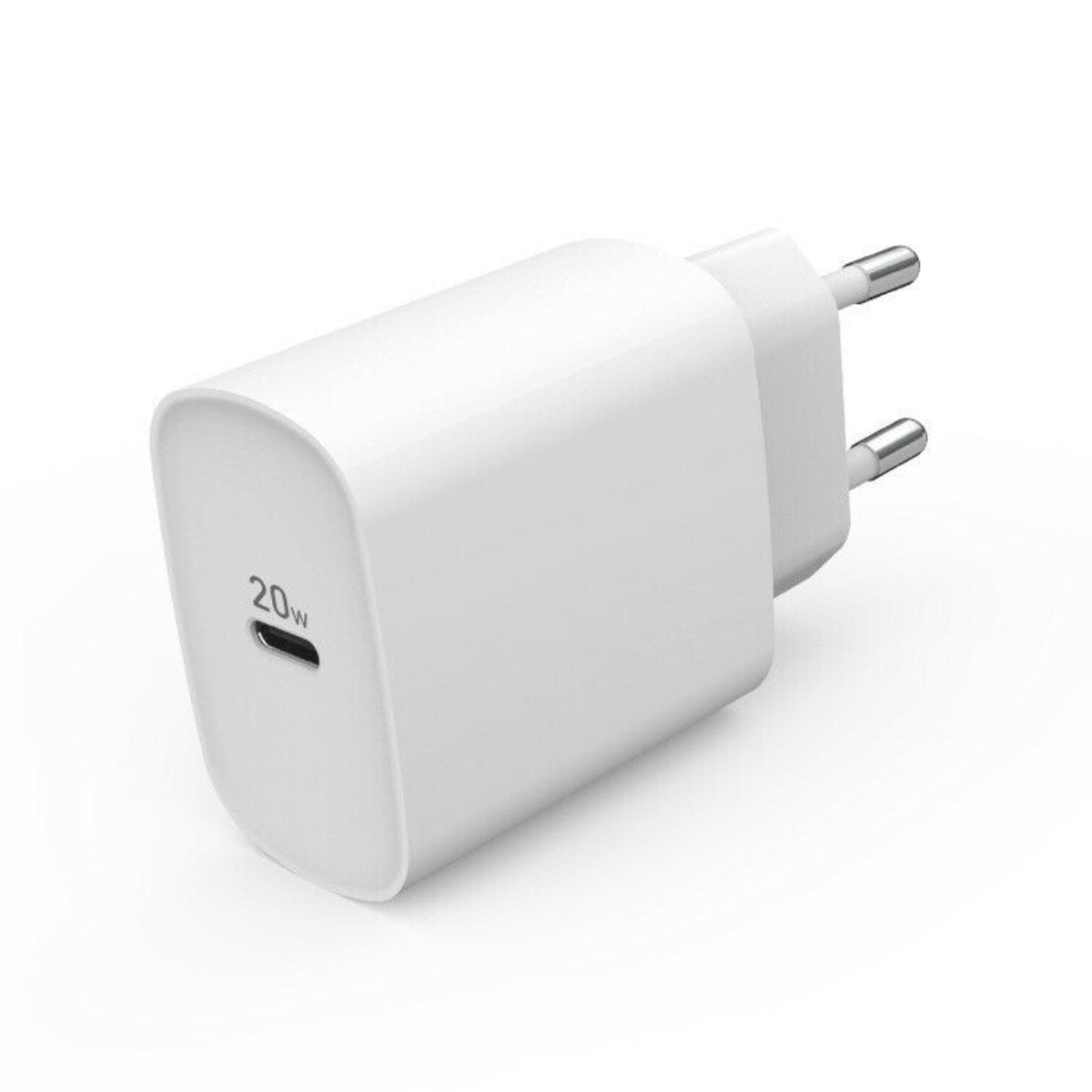 Weißes 20-W-Wandladegerät mit Stiften. Es ist ein kleiner, weißer Würfel mit einem USB-C-Anschluss an der Unterseite.