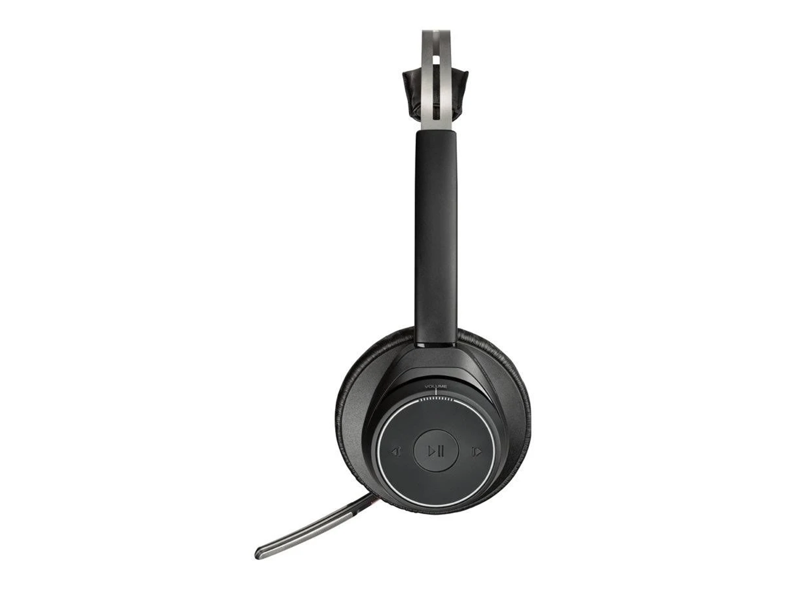 Ein schwarzes Headset mit Mikrofon. Es hat eine Taste zum Abspielen/Pausieren. Der Hintergrund ist weiß.