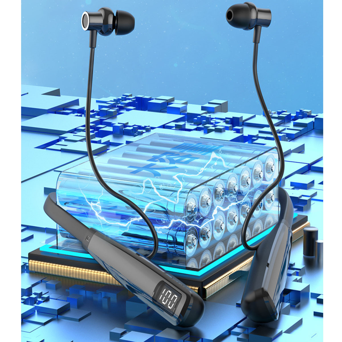 Auriculares Bluetooth negros y grises, con indicadores de batería en la banda del cuello.
