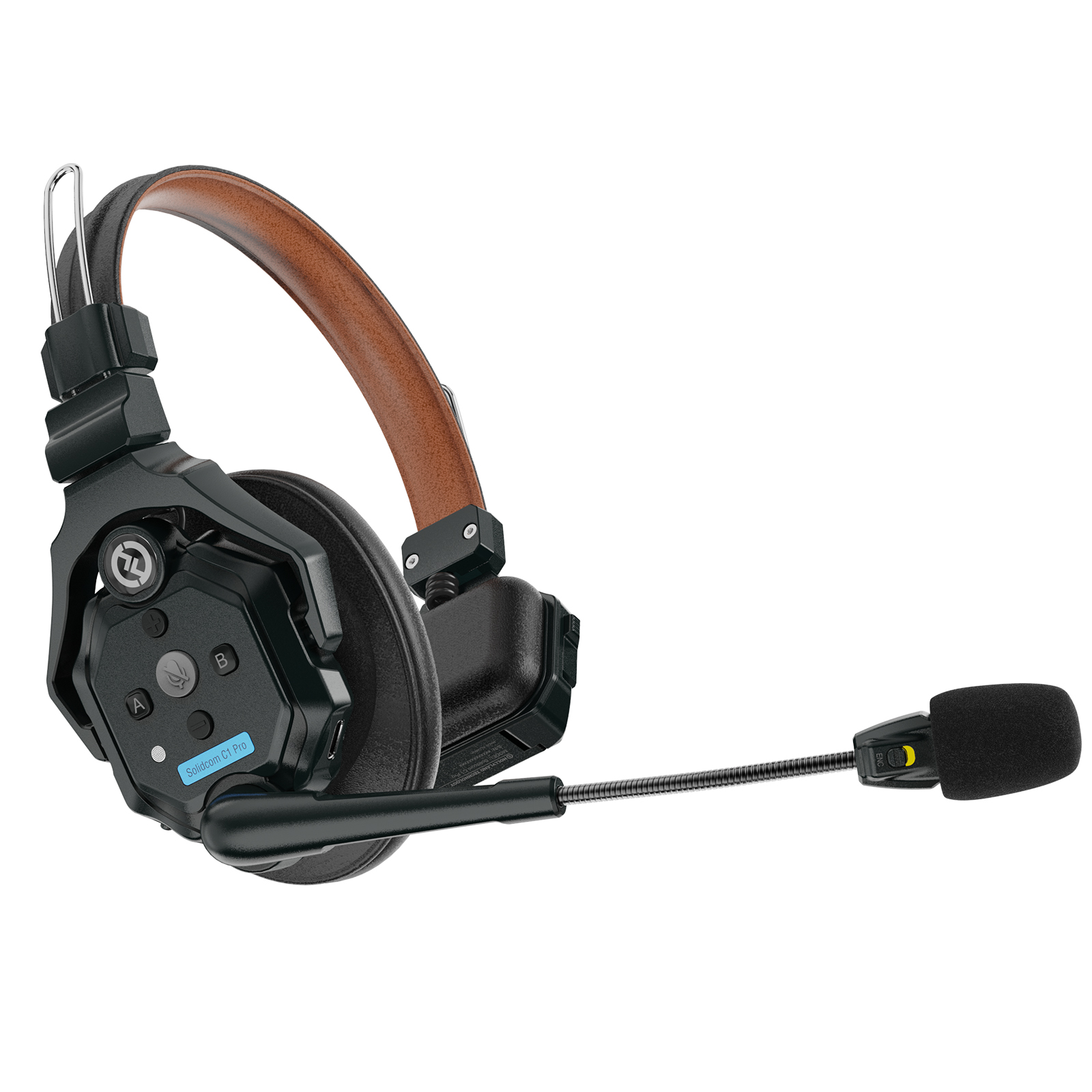 Un auricular negro con micrófono y diadema de cuero marrón. Los botones están etiquetados A, B y silencio.