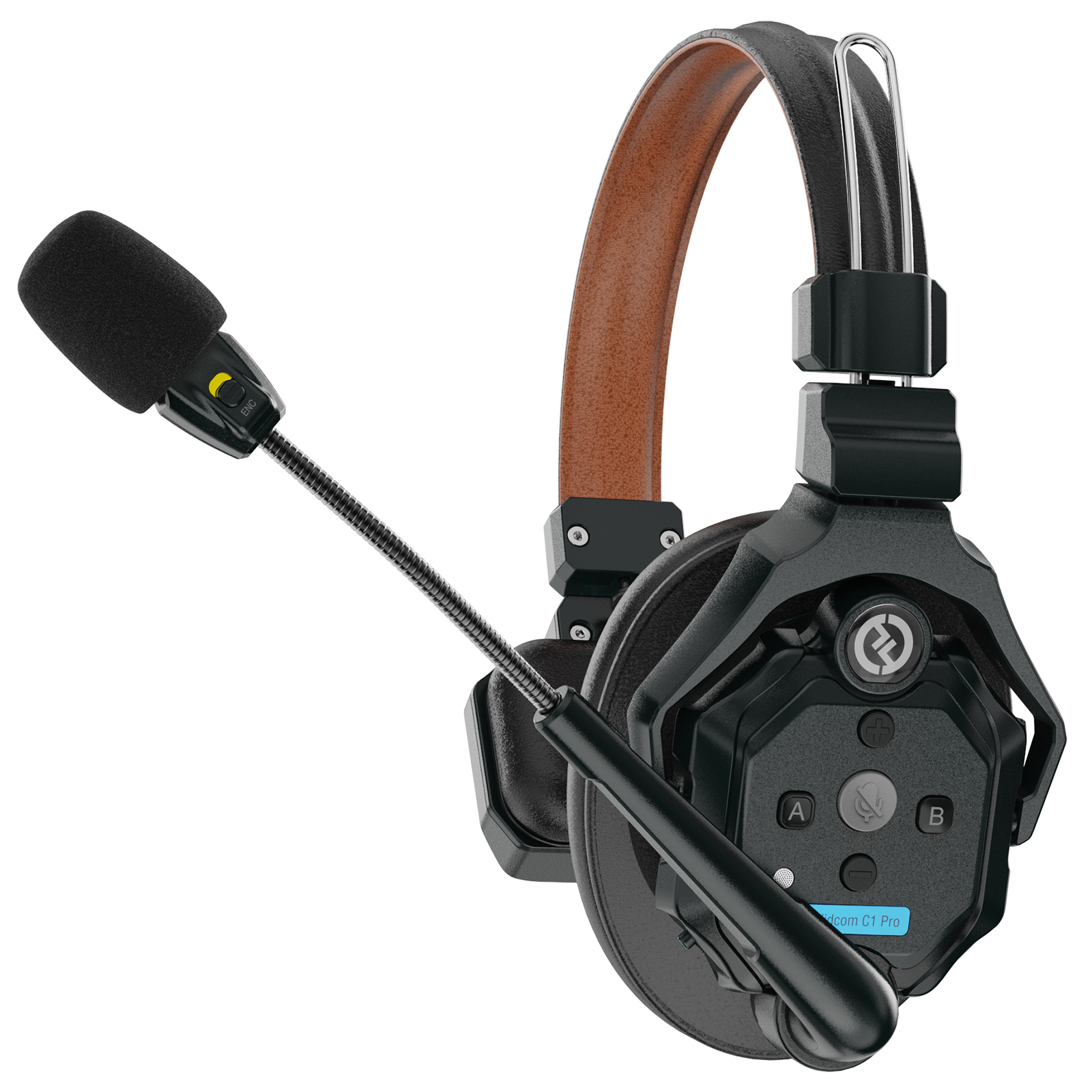 Auriculares negros con un micrófono de brazo y una correa de cuero marrón en la parte superior.