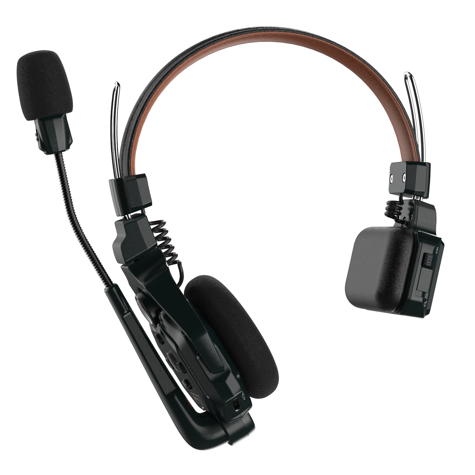 Auriculares negros con micrófono, diadema marrón y auriculares negros, sobre fondo blanco.
