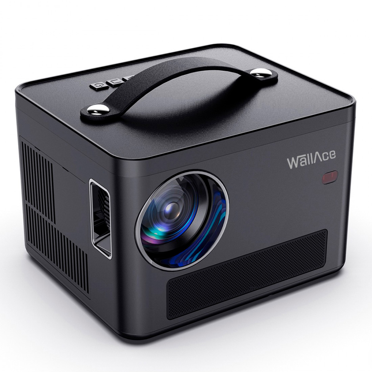 Proyector negro, asa arriba, lente frontal. Marca WallAce en el lateral.
