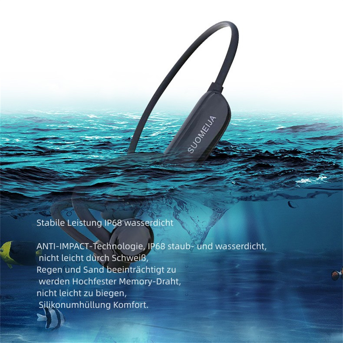 Vista submarina de auriculares inalámbricos negros y grises con agua y texto circundantes.