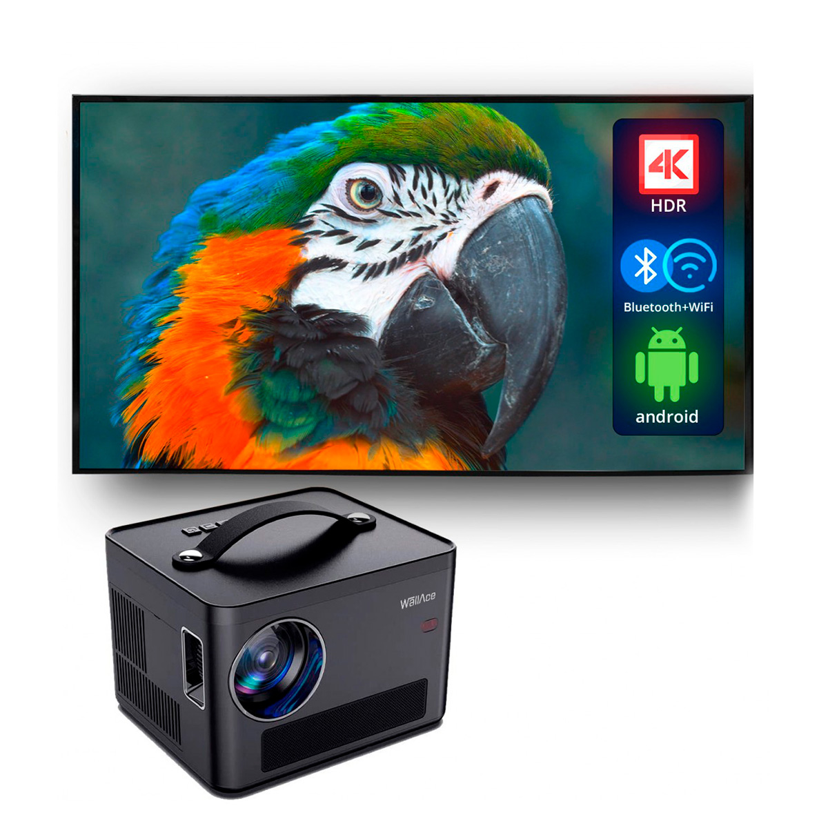 Un proyector negro y una pantalla que muestra una imagen colorida de un loro. El fondo es blanco.