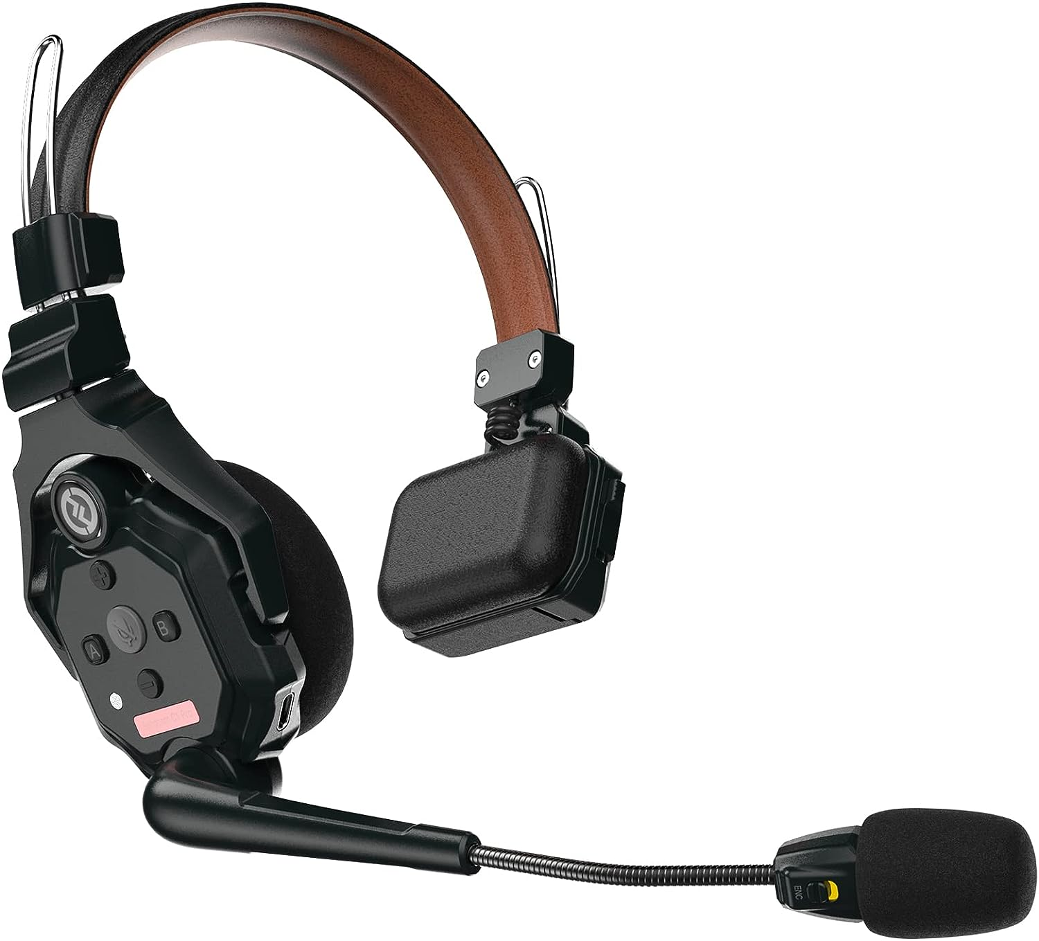 Un auricular negro y marrón con micrófono, diseñado para la comunicación.