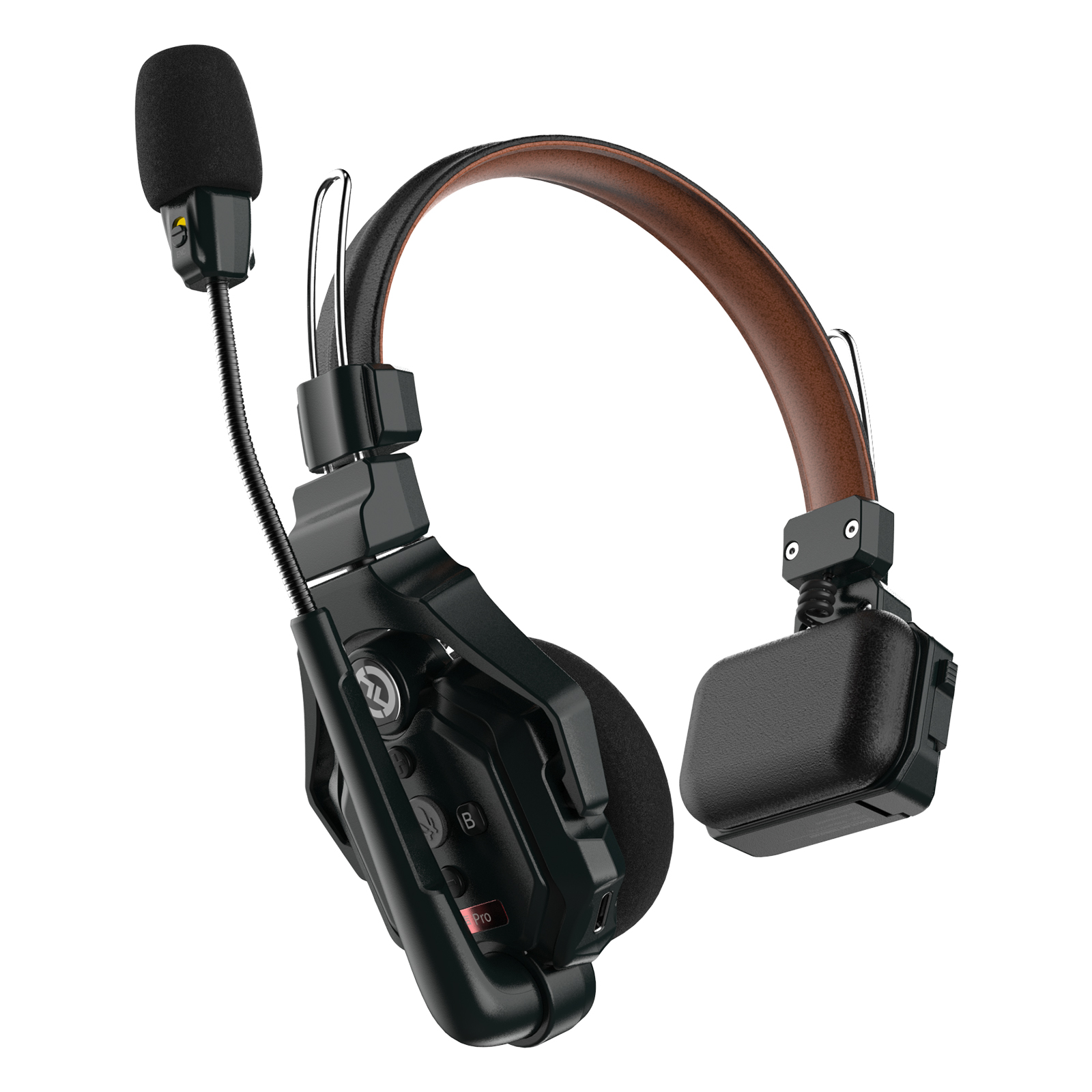 Auriculares negros con micrófono. Diadema marrón. Auriculares negros. Botones negros en el lateral.