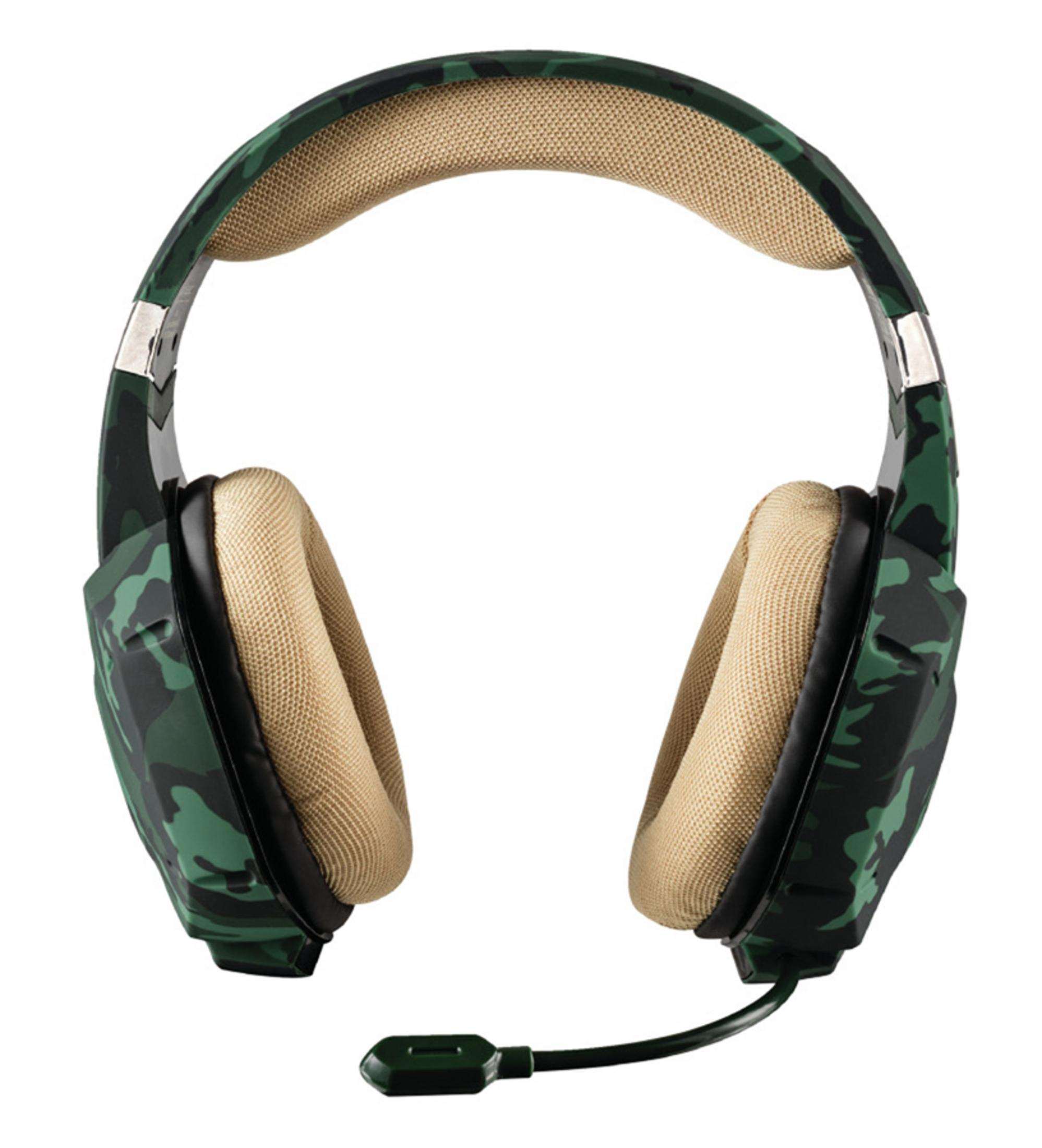 Auriculares de camuflaje verde con micrófono flexible, orejeras beige y fondo blanco.