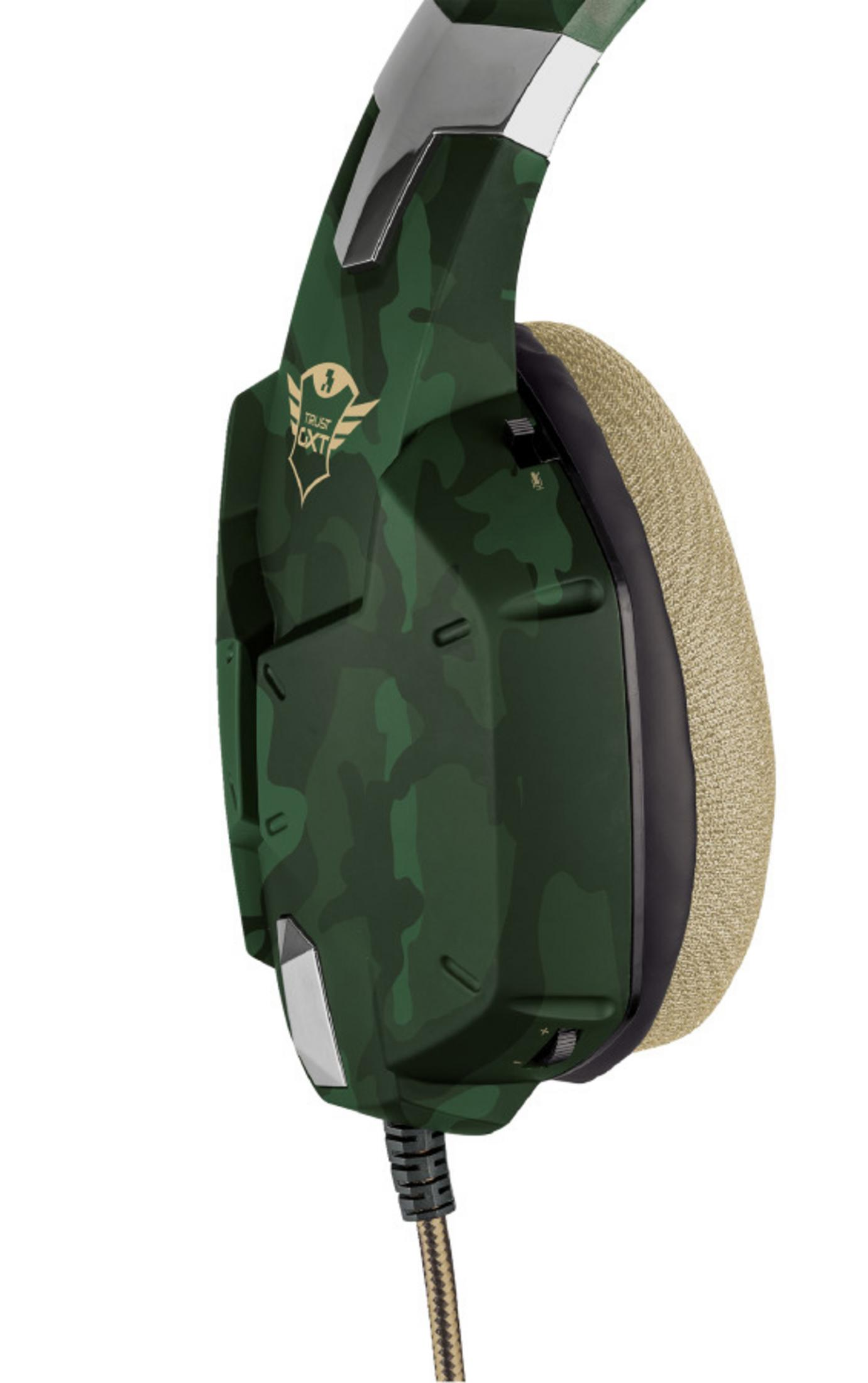 Auriculares camuflaje verde con almohadilla beige. Vista lateral, fondo blanco.
