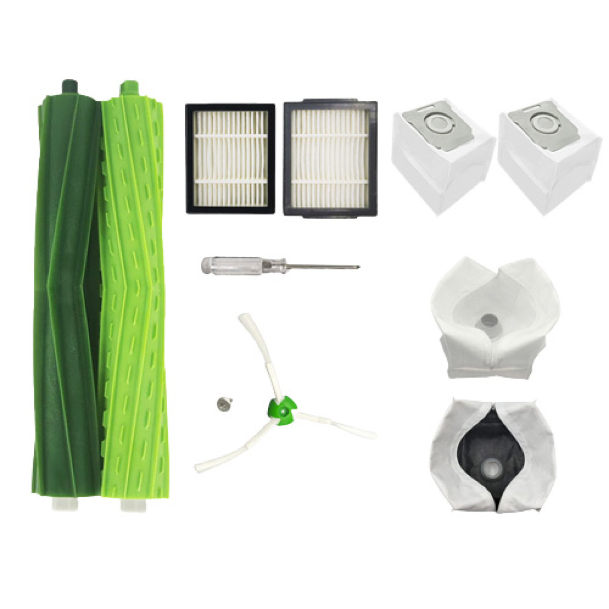 Accesorios para aspiradora robot: cepillos, filtros, bolsas de polvo, un destornillador y un tornillo pequeño.