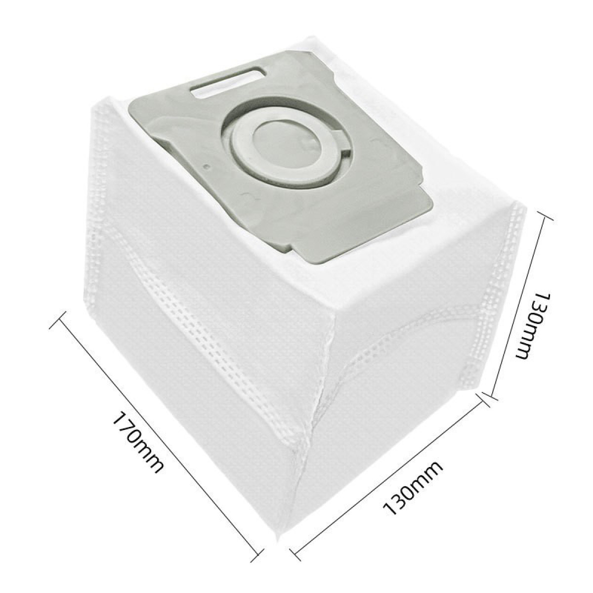 Bolsa de polvo blanca para aspiradora con dimensiones etiquetadas, fondo blanco.