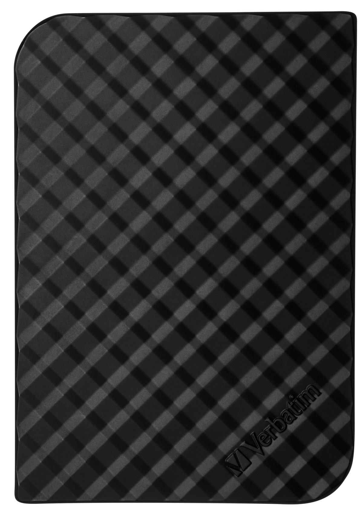 Czarny i szary zewnętrzny dysk twardy z diagonalnym wzorem. Logo 'Verbatim'.