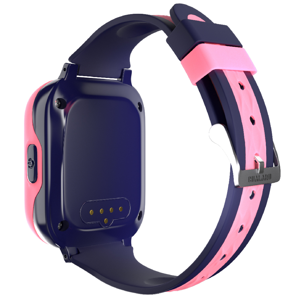 Un reloj inteligente rosa y azul con correa rosa, mostrando la parte trasera del reloj y una hebilla plateada.