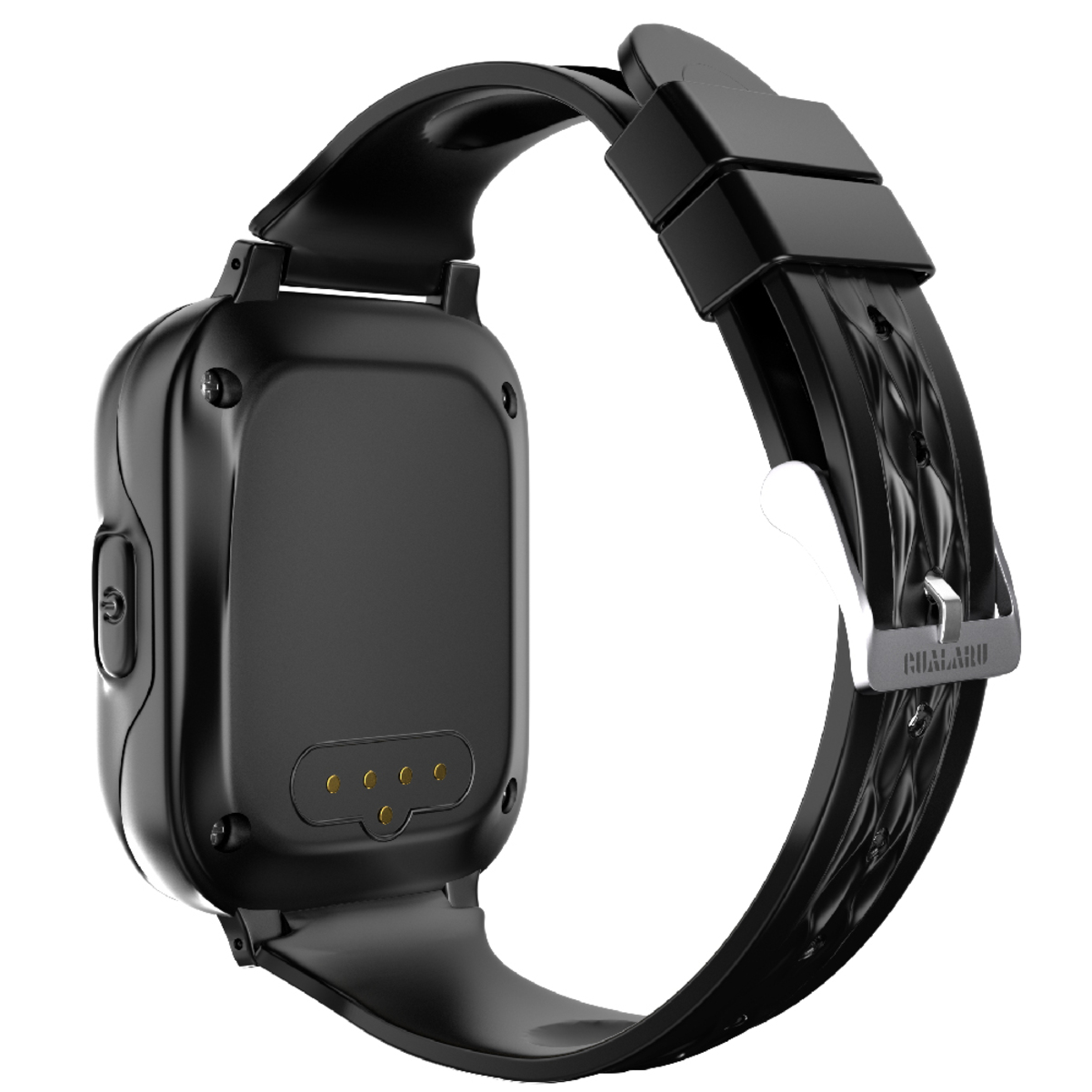 Smartwatch negra con correa negra. El reloj tiene una esfera cuadrada.