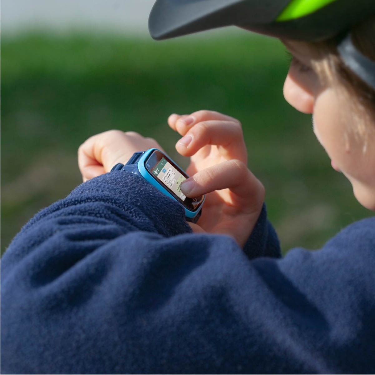 Un niño con casco mira un reloj inteligente. El reloj inteligente tiene una pantalla azul y blanca.