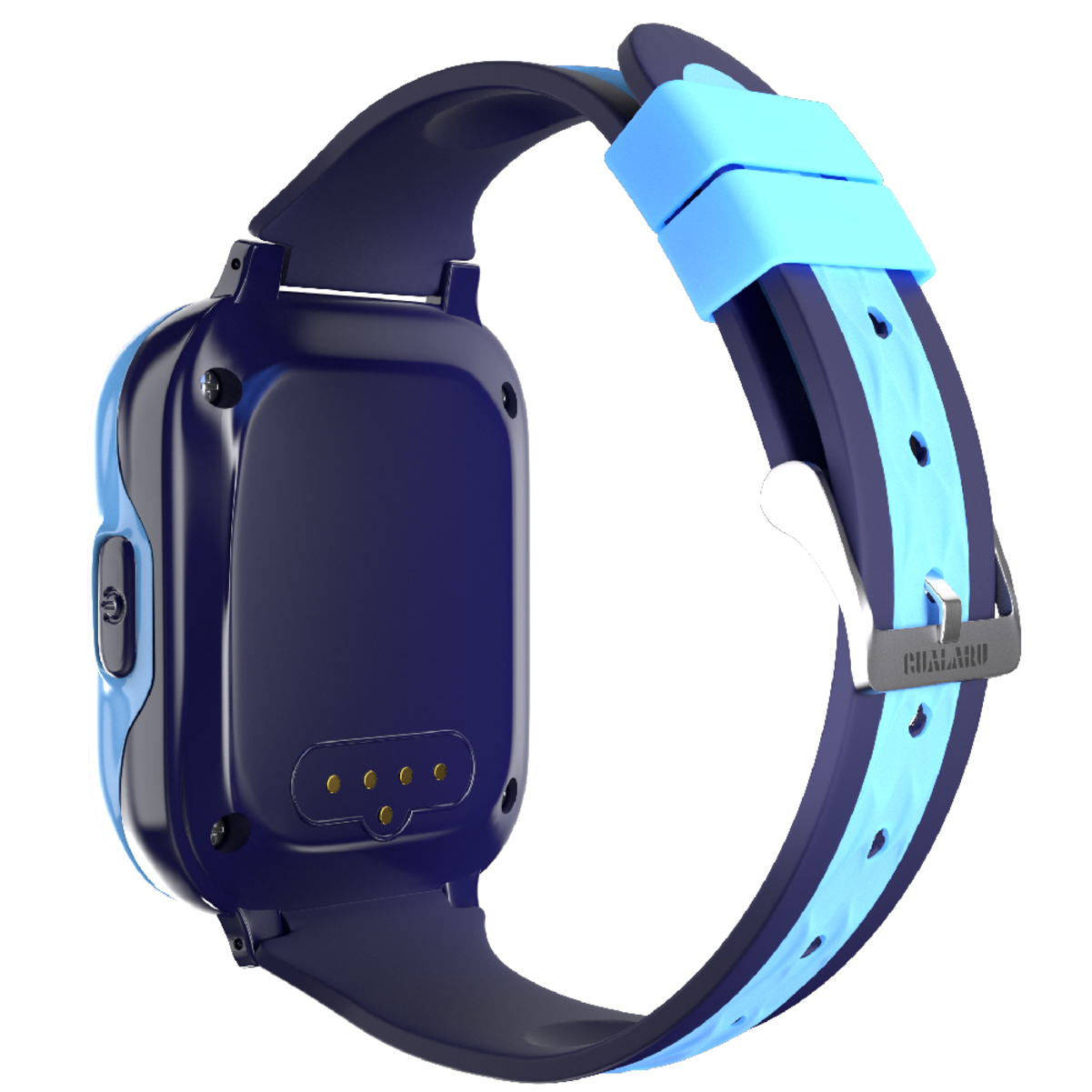 Un reloj inteligente azul oscuro y azul claro sobre una superficie blanca, inclinado para mostrar los detalles laterales y de la correa.