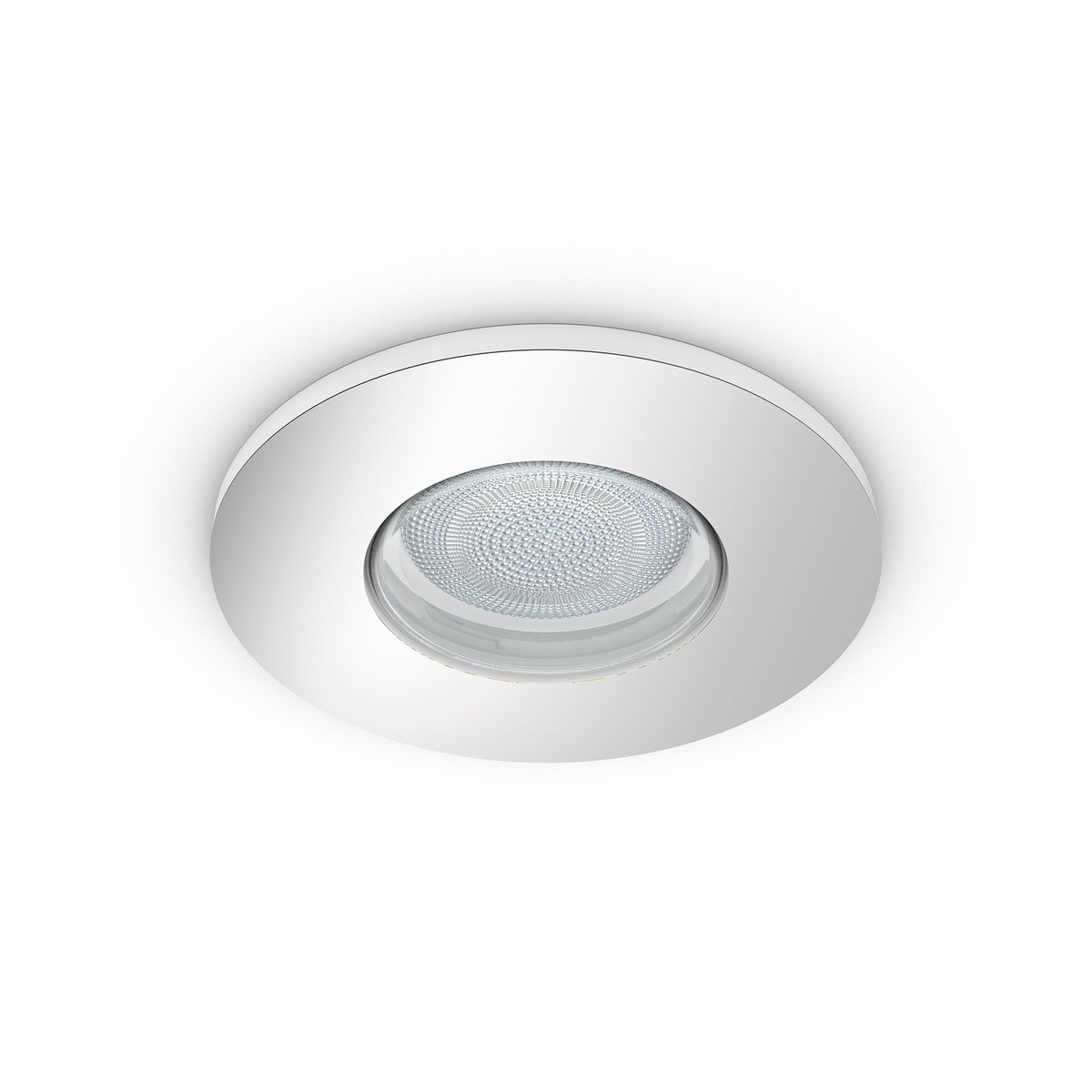Luz de techo empotrada blanca con diseño circular. Círculos concéntricos y fuente de luz central.