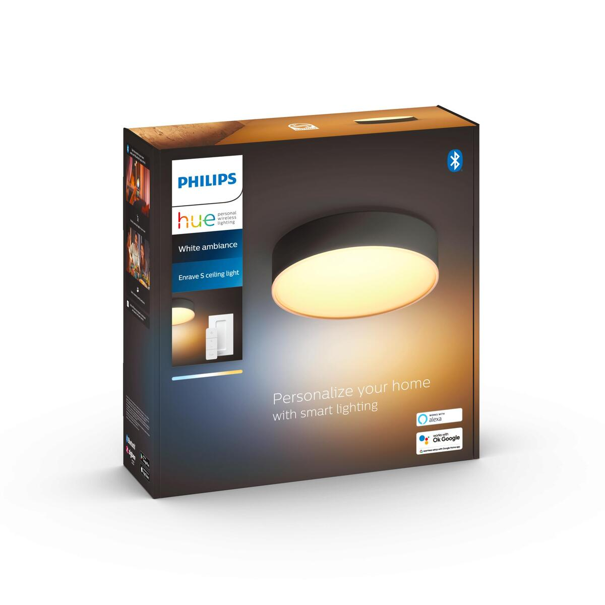 Pudełko inteligentnych świateł Philips Hue. Ma obraz światła i nazwę marki.