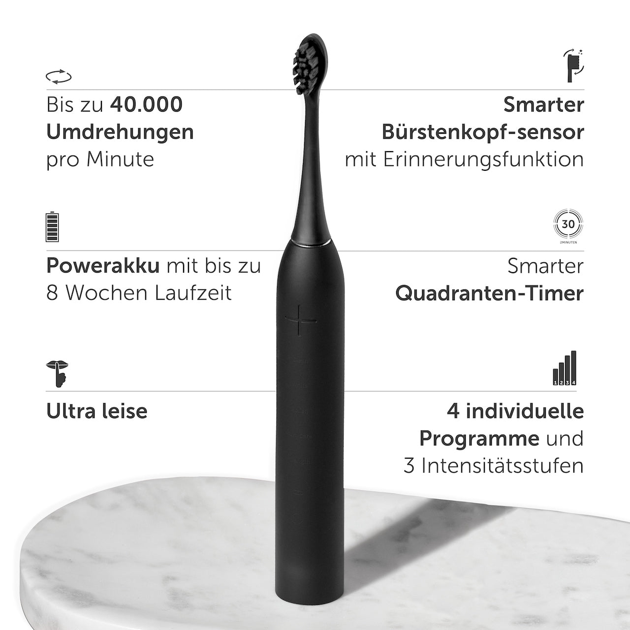 Schwarze elektrische Zahnbürste auf weißer Oberfläche mit Details und Text. Der Hintergrund ist weiß.