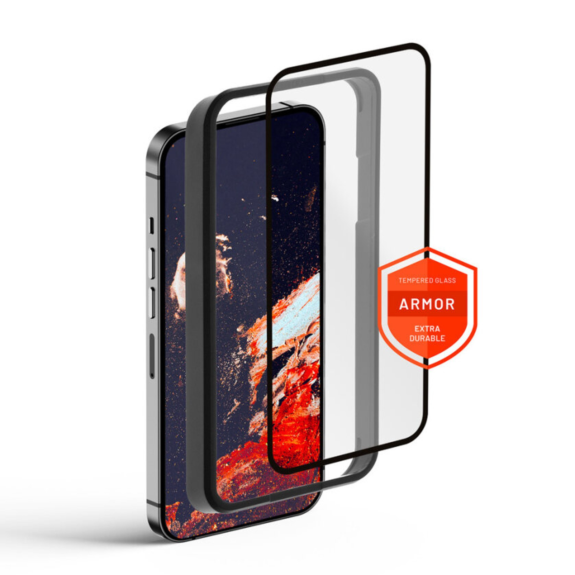 Ein Telefon mit Displayschutz und Schutzhülle.