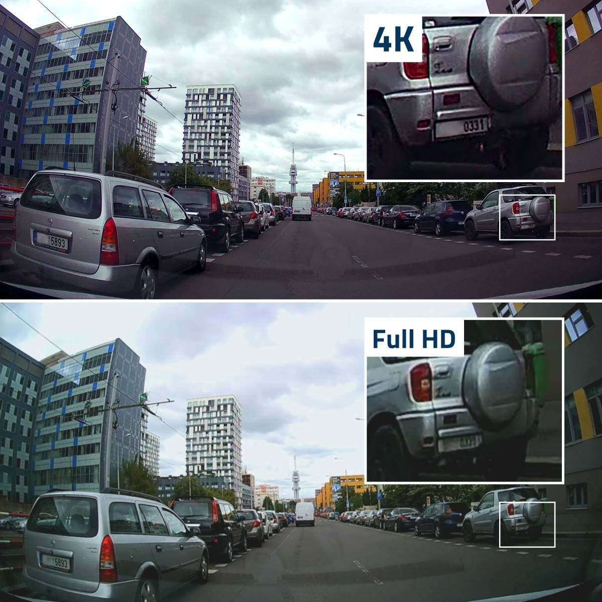 Scena uliczna z samochodami i budynkami. Jeden obraz jest w 4K, drugi w Full HD, pokazując różnicę w jakości obrazu.