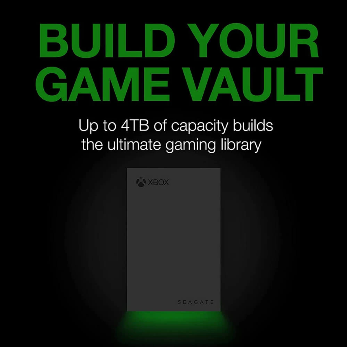 Czarny zewnętrzny dysk twardy z tekstem 'BUILD YOUR GAME VAULT' na ciemnym tle.