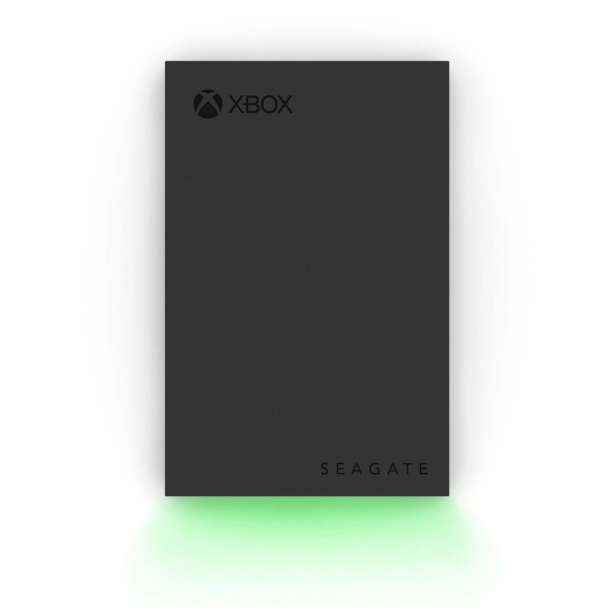 Czarny dysk twardy Xbox Seagate na białym tle, ze zielonym światłem.