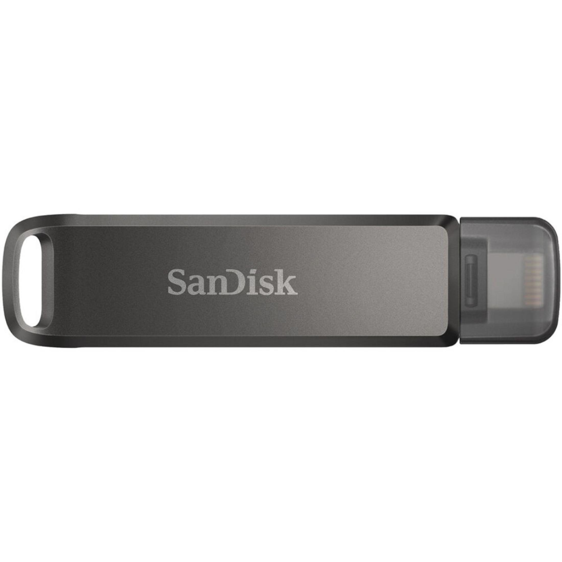 Chiavetta USB SanDisk grigia con il logo SanDisk.