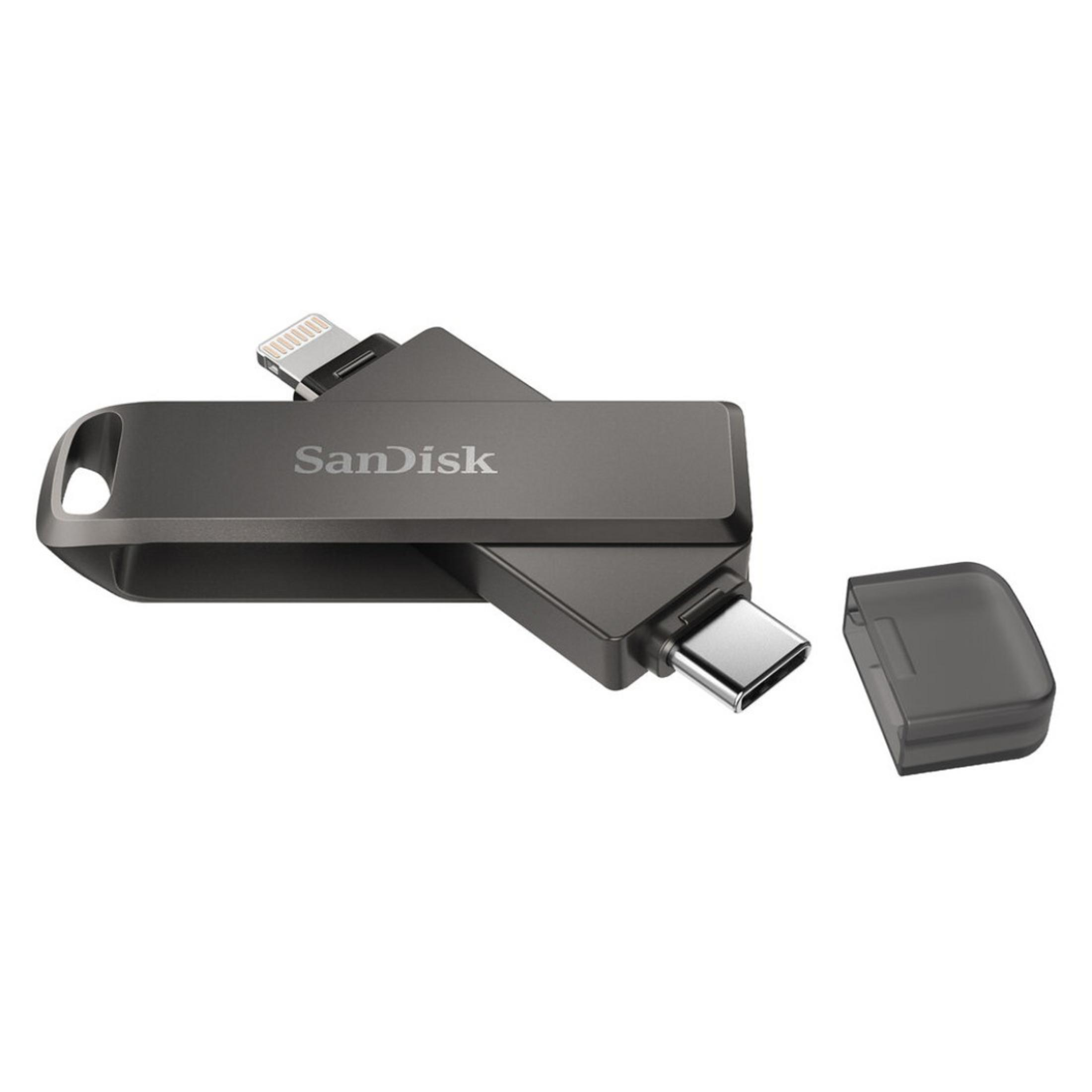 Un'unità USB SanDisk grigio scuro con connettori Lightning e USB-C.