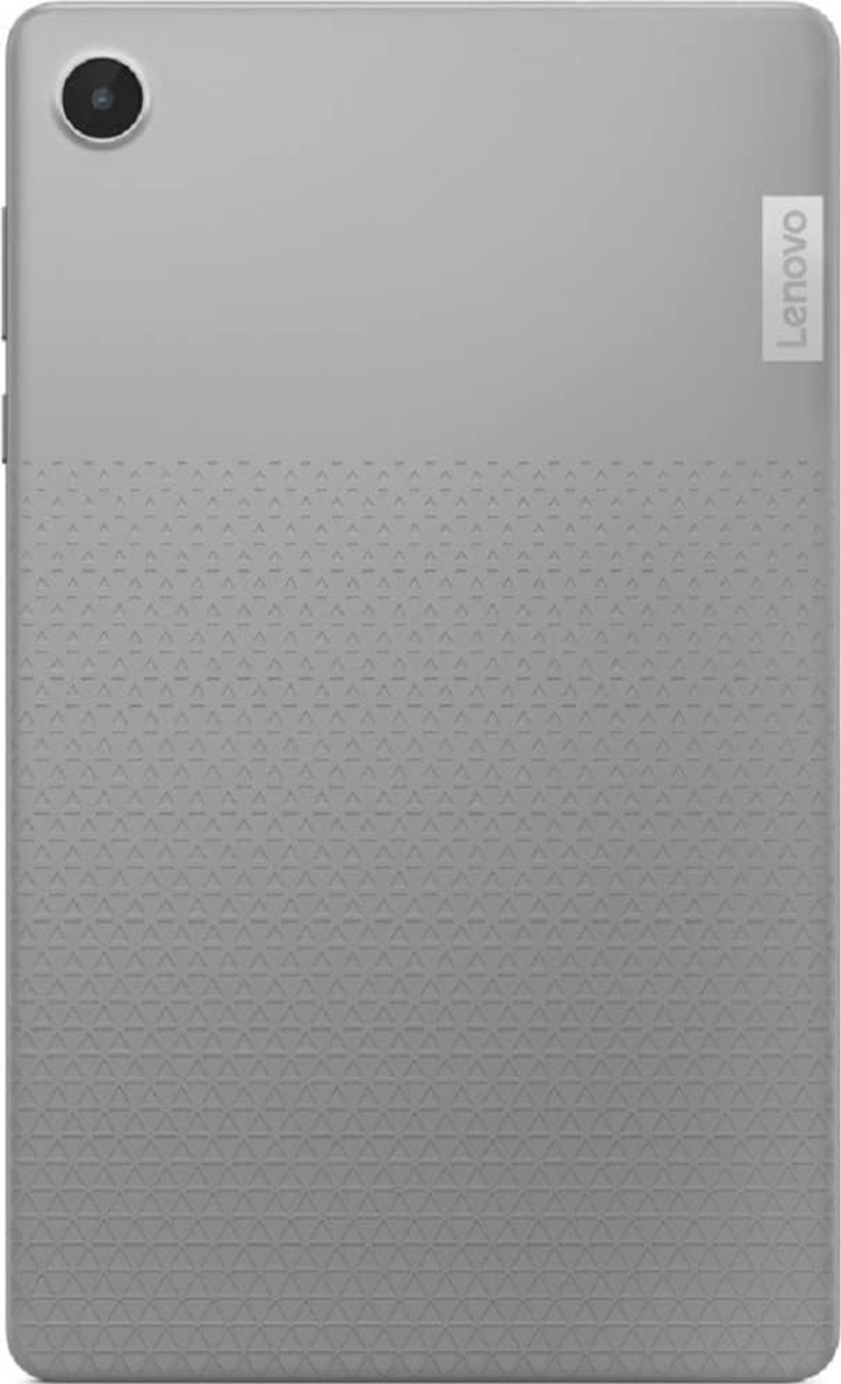 Tył szarego tabletu z obiektywem aparatu po lewej i logo Lenovo po prawej.
