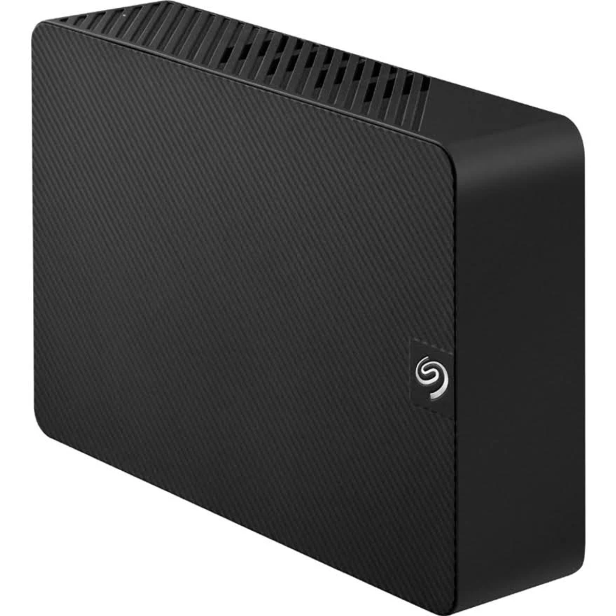 A black external hard drive with a textured surface, a white Seagate logo.