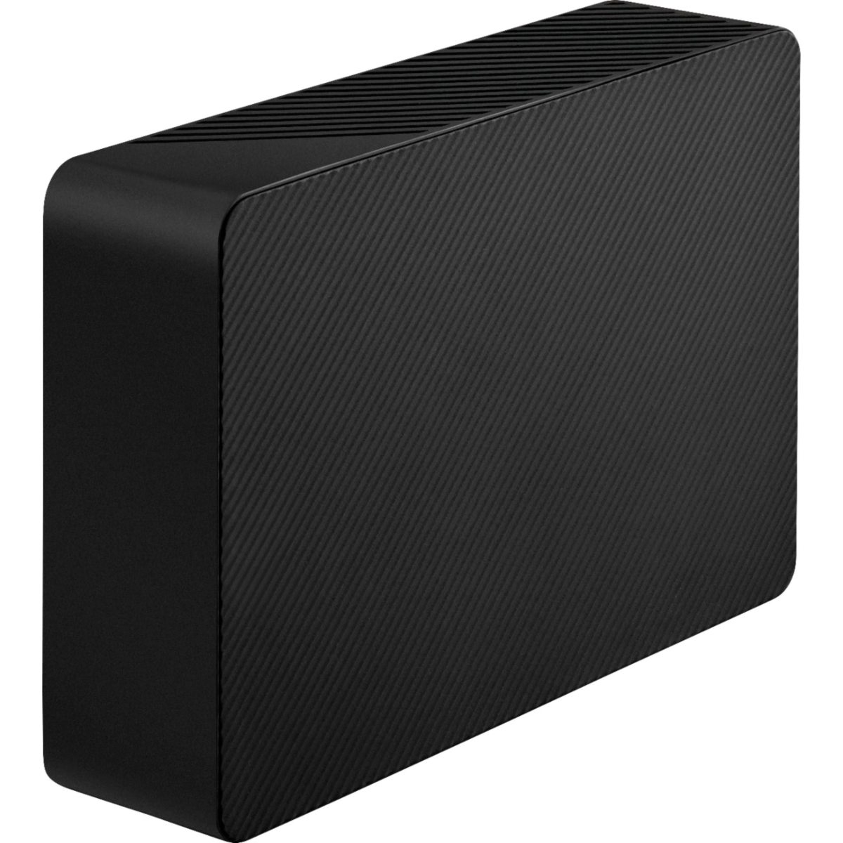 Disque dur externe noir, surface texturée, vue en angle, arrière-plan clair.