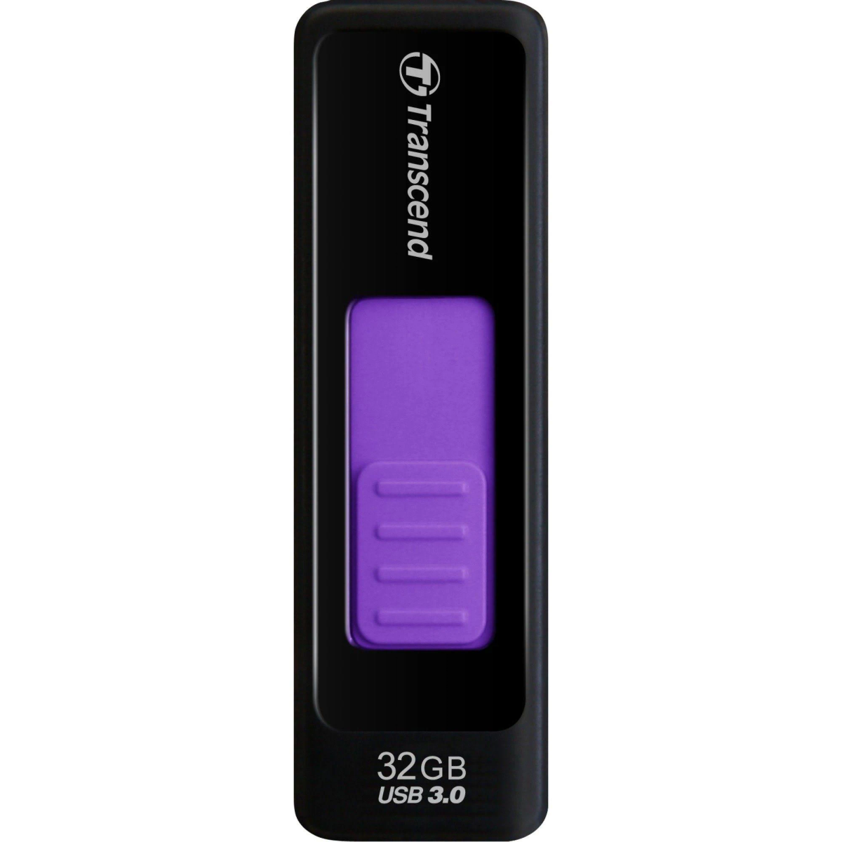 Czarny pendrive USB z fioletowym suwakiem. Posiada markę Transcend i 32 GB USB 3.0. Białe tło.