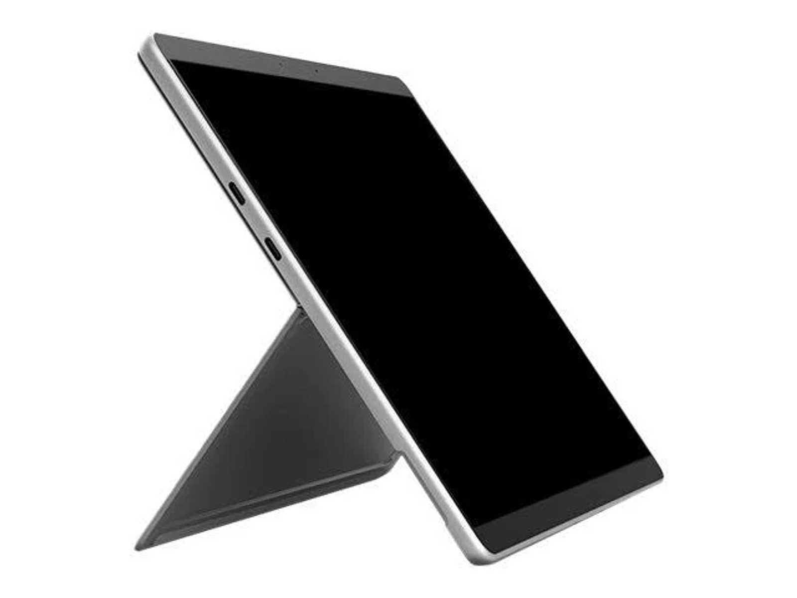 Un tablet nero puntellato ad angolo, che mostra lo schermo. Lo schermo è nero.