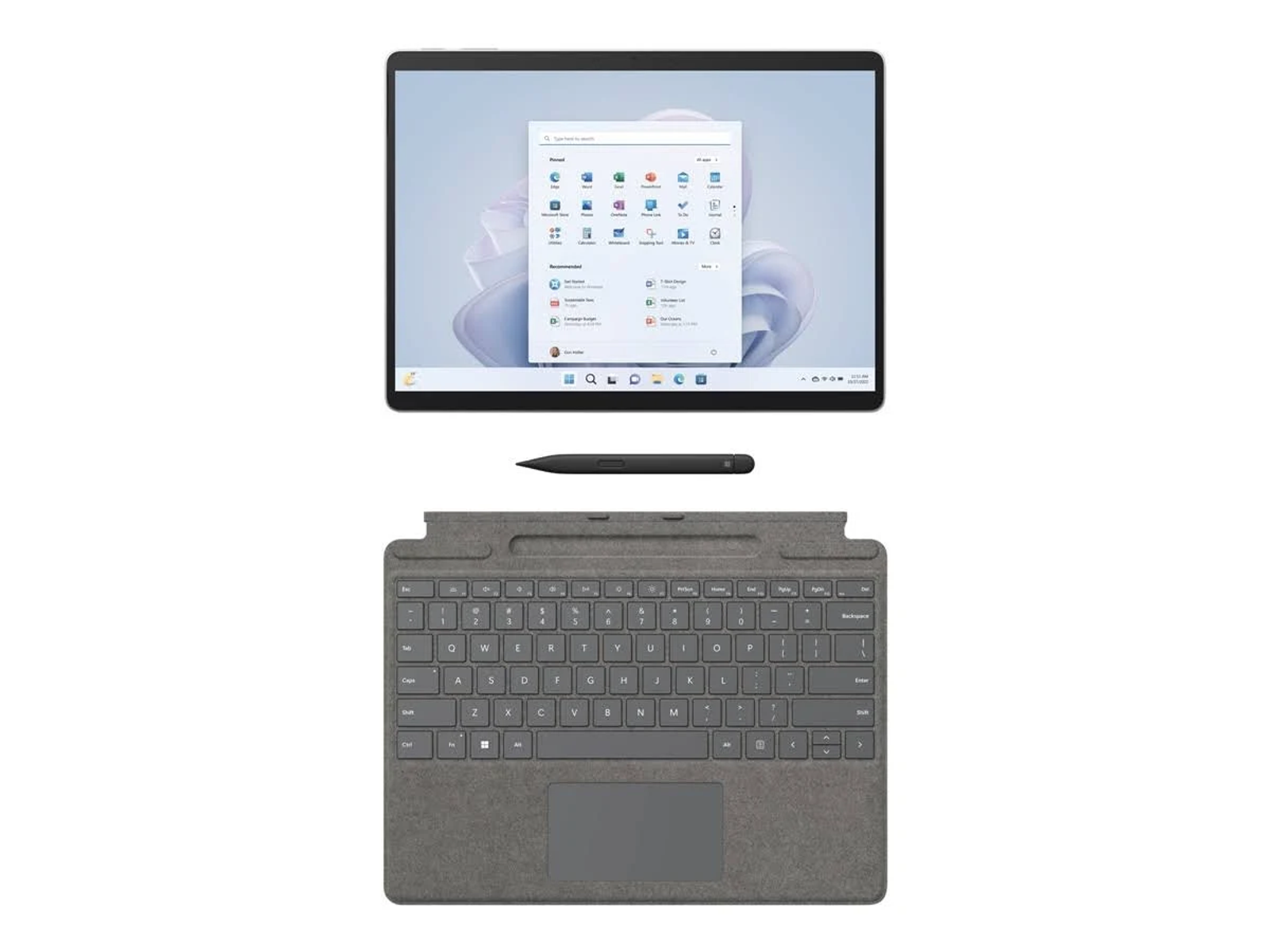 Tablet e tastiera. Il tablet mostra l'interfaccia di Windows. Pennino. Tutto su sfondo bianco.