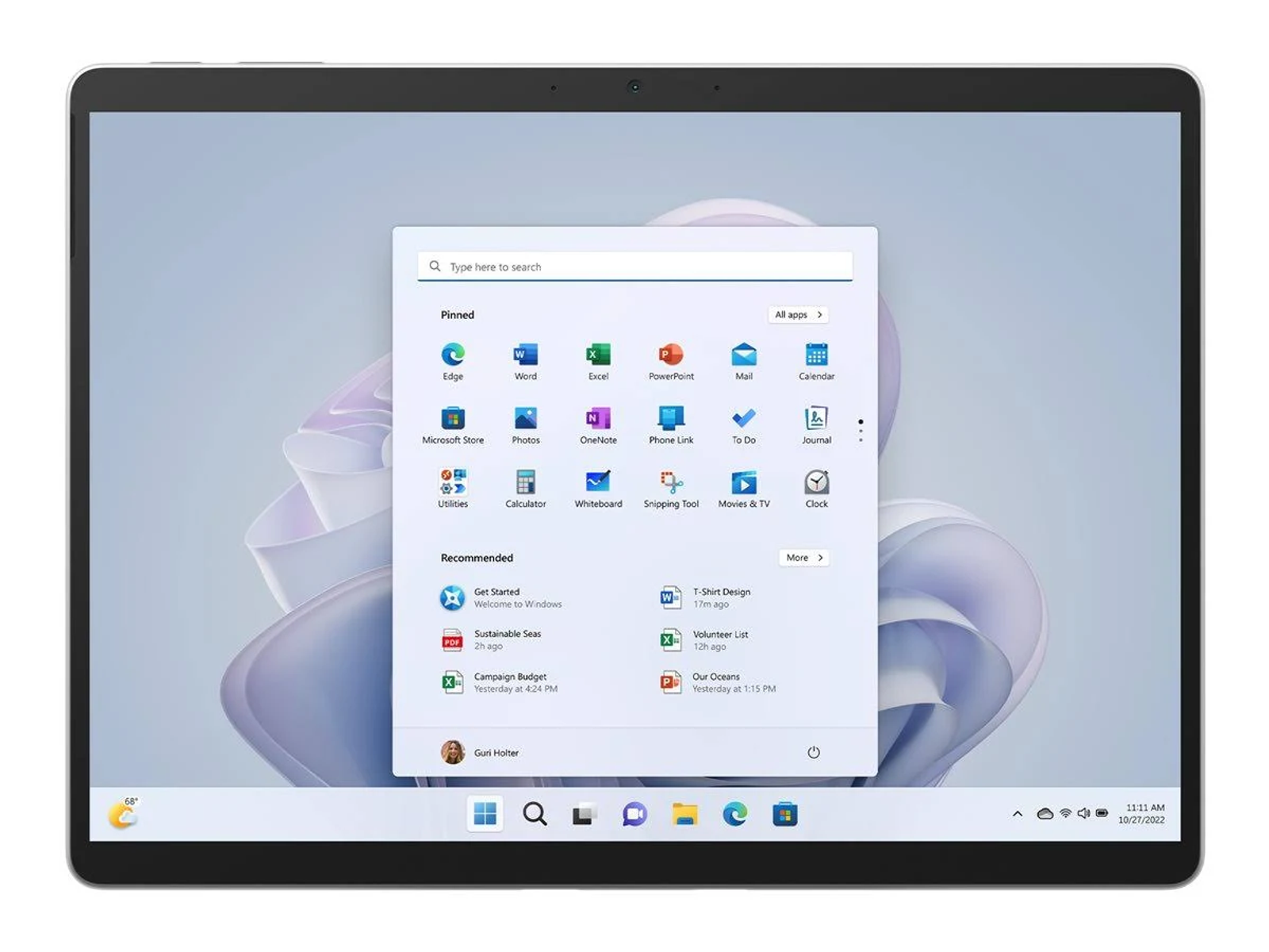 Tablet mit Windows 11-Oberfläche, zeigt Apps auf dem Bildschirm auf weißer Oberfläche.